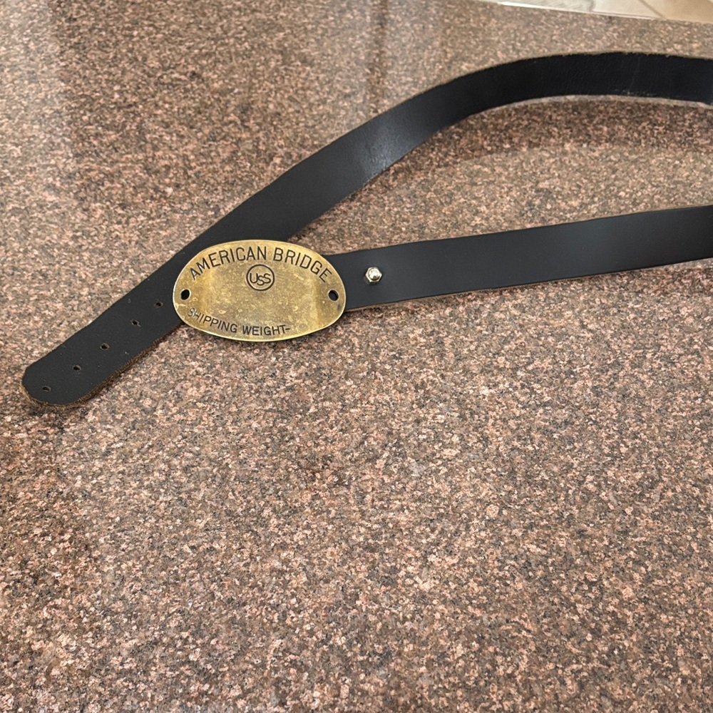 AMERICAN BRIDGE USS SHIPPING WEIGHT BELT BUCKLE BLACK LEATHER 1303-46